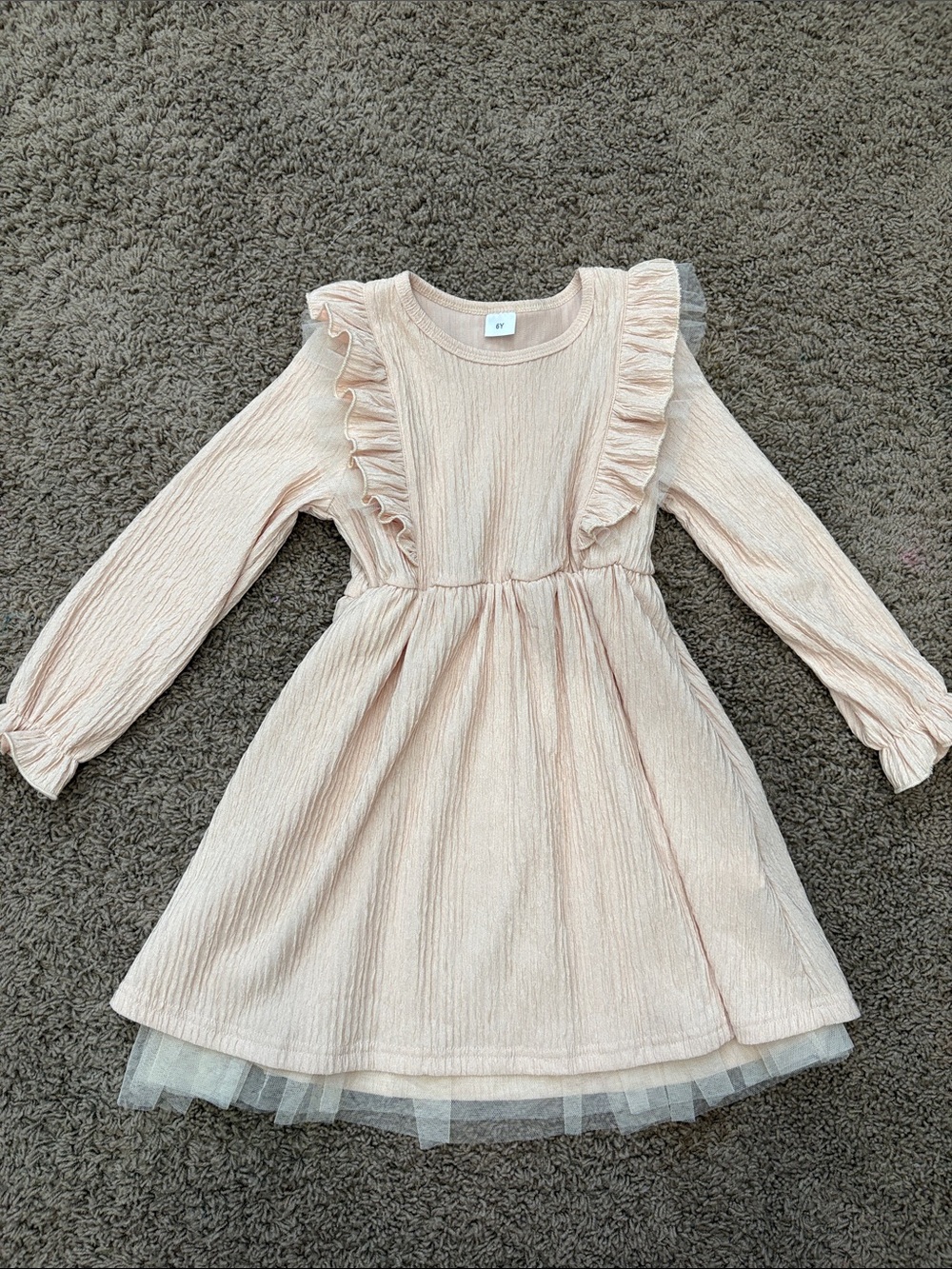 Amazon Girls' Cream Pink Ruffle Long-Sleeve Dress